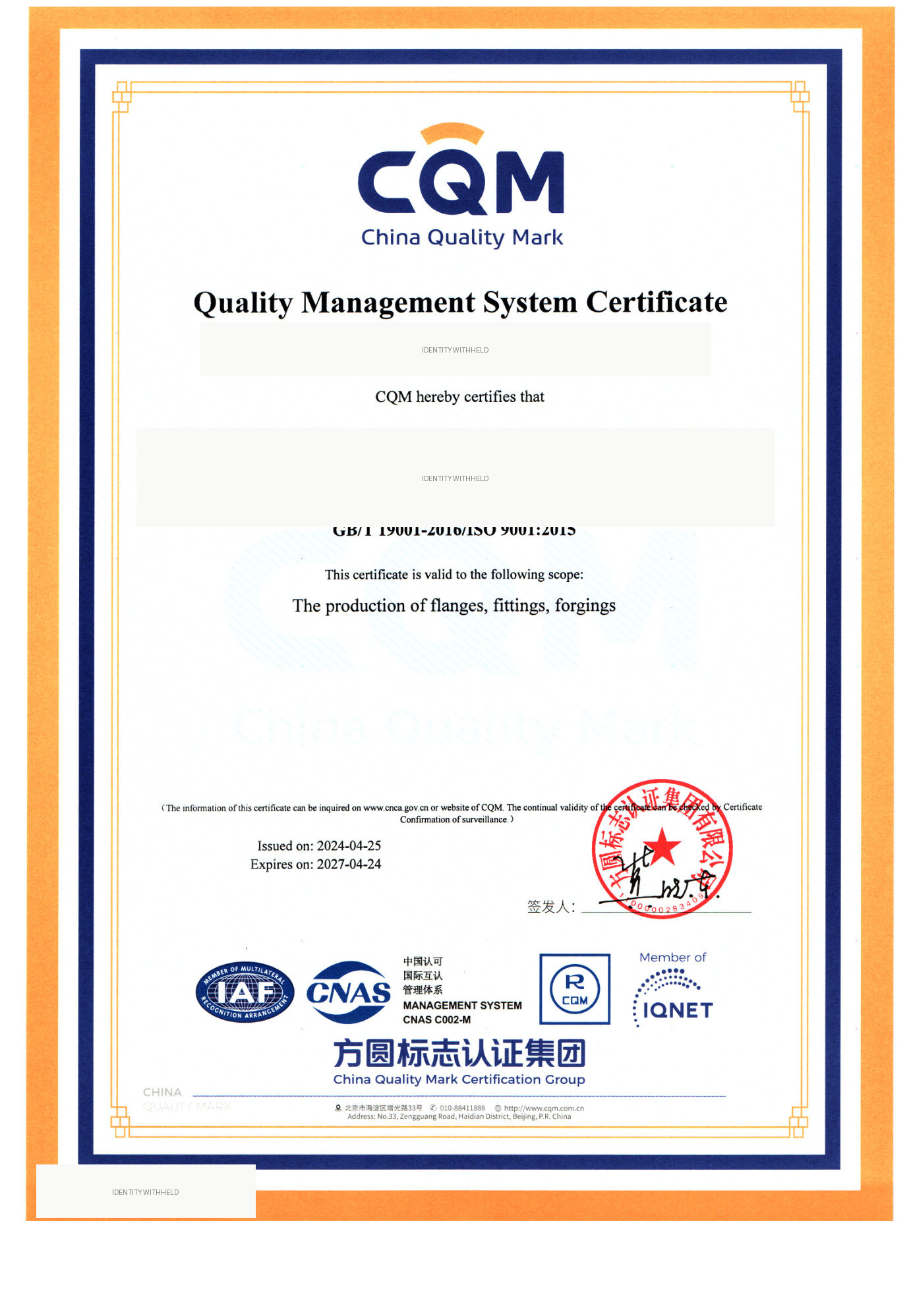 ISO 9001 quality management system certificate (identity controlled)